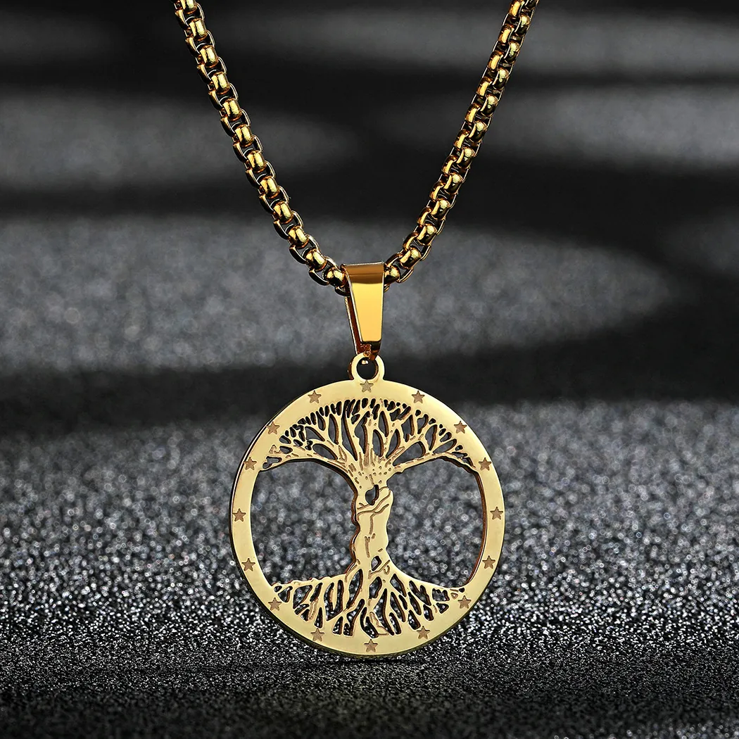 316L Edelstahl Lebensbaum Anhänger Halskette Umarmendes Paar Hohl Rund Stern Schmuck Für Damen Herren Gold Silber Boxkette