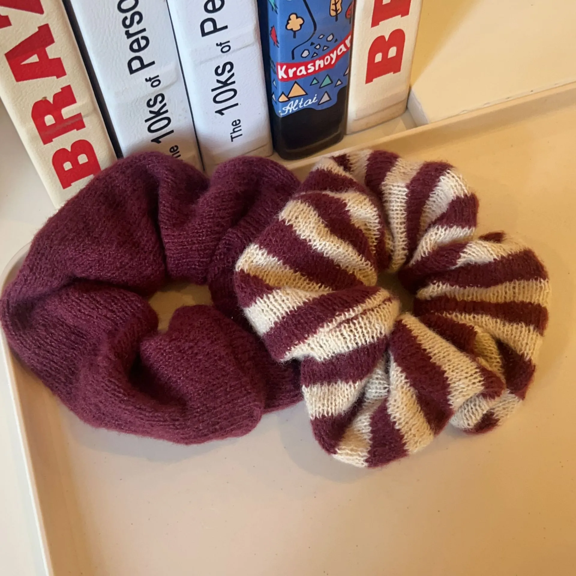Chouchous en Laine Tricotée Style Coréen Grands Élastiques à Rayures Automne Hiver Anneaux de Cheveux pour Femmes Filles Accessoires