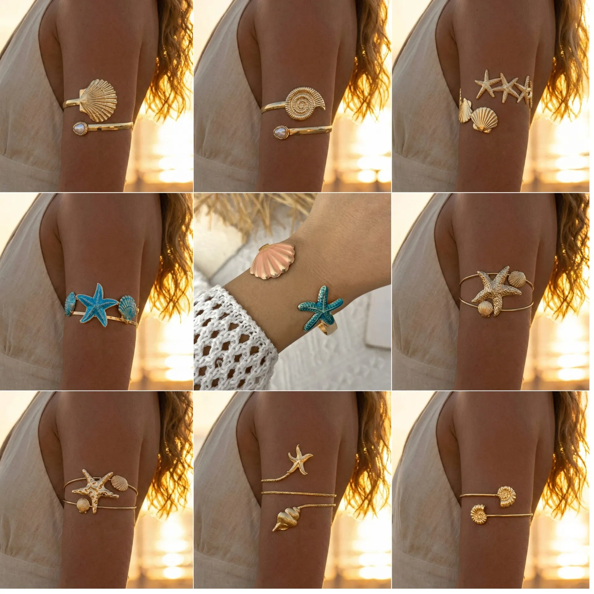 Bohemian Gold Starfish Shell Arm Cuff Bracelet For Women Marine Vacation Style Alloy Faux Artificial Pearl Adjustable Bangle Jewelry