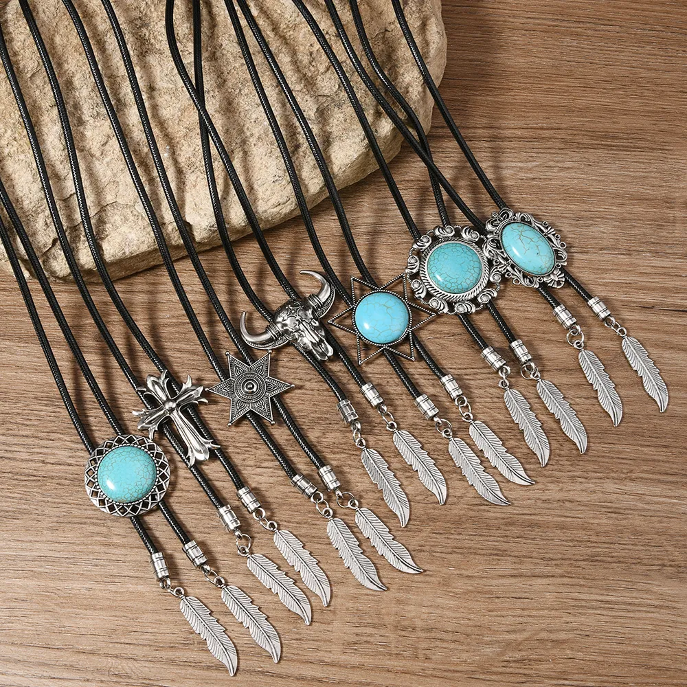Vintage Western Cowboy Bolo Tie With Turquoise Alloy Pendant Black Braided Leather Cord Bull Head Cross Star Jewelry For Men Women