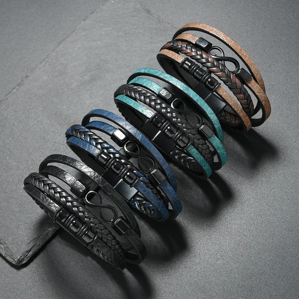 Men Vintage Multi-Layer Hand-Woven Leather Bracelet With Infinity Alloy Charm Magnetic Clasp Fashion Jewelry Casual Gift