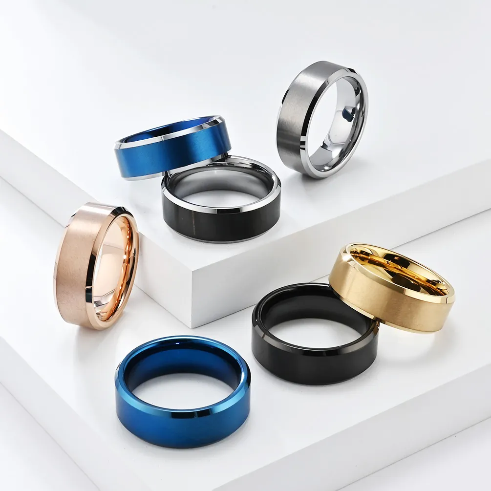 Bague Minimaliste en Carbure de Tungstène 8mm Unisexe Finition Mate Brossée Bord Biseauté Poli Bijou Durable Résistant aux Rayures