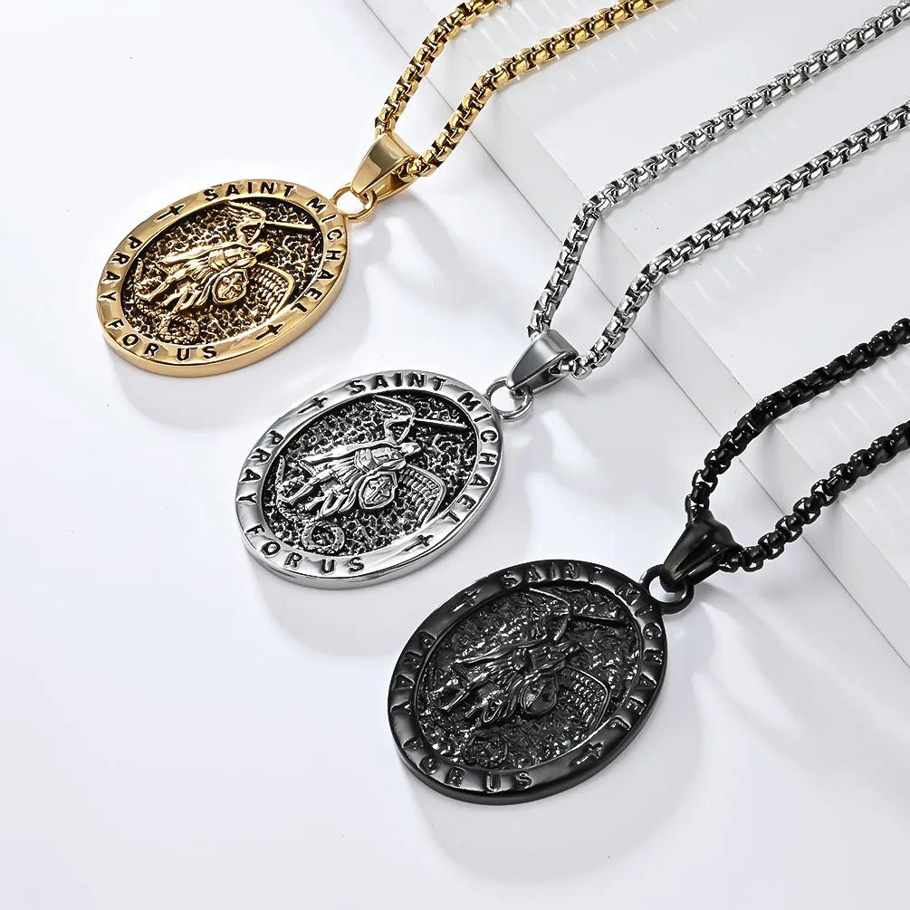 Saint Michael Archangel Protector Religious Stainless Steel Vintage Oval Relief Pendant Necklace For Women Men Jewelry