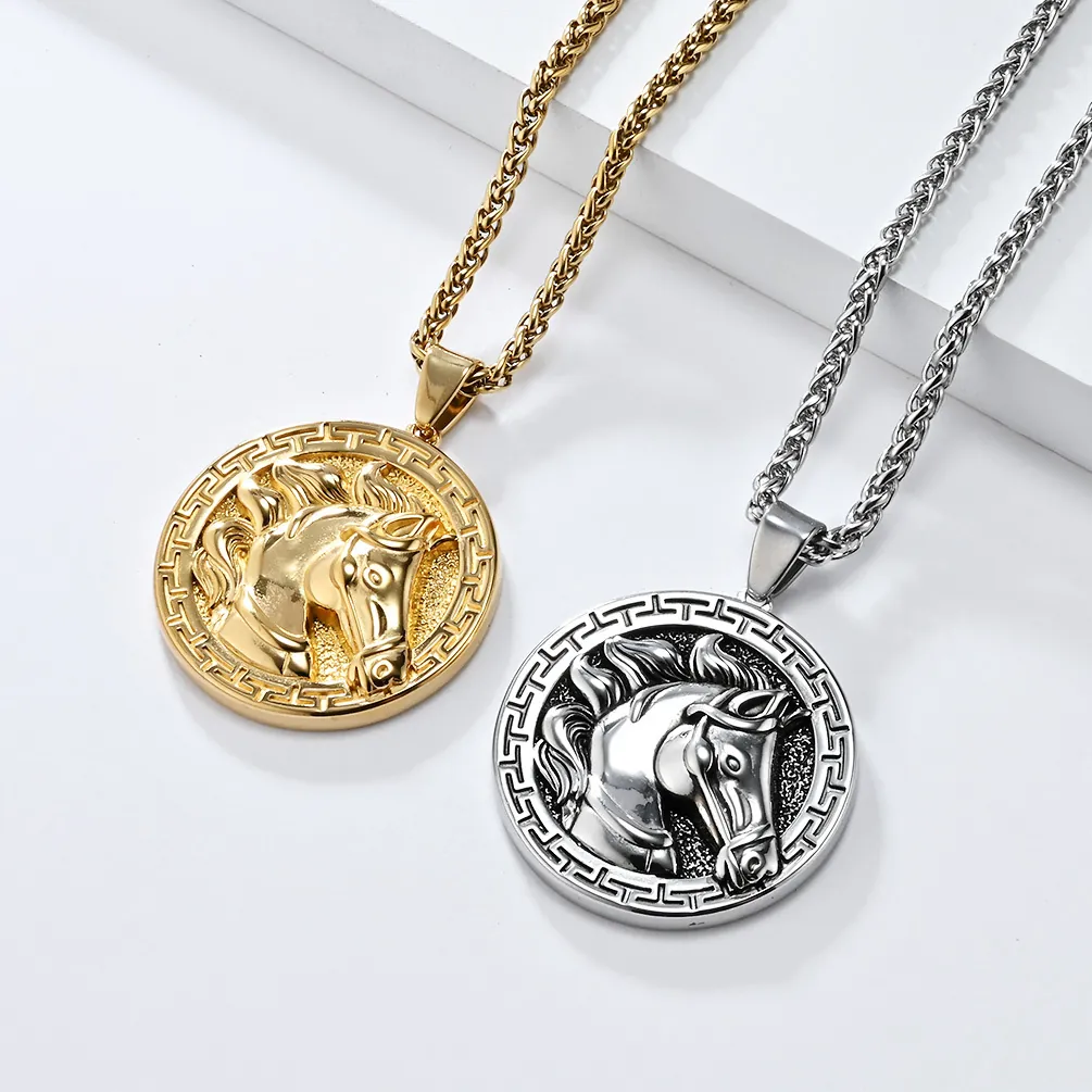 Retro Edelstahl Pferdekopf Anhänger Halskette Für Herren Gold Silber Plattiert Rund Tier Griechischer Mäander Hip Hop Schmuck