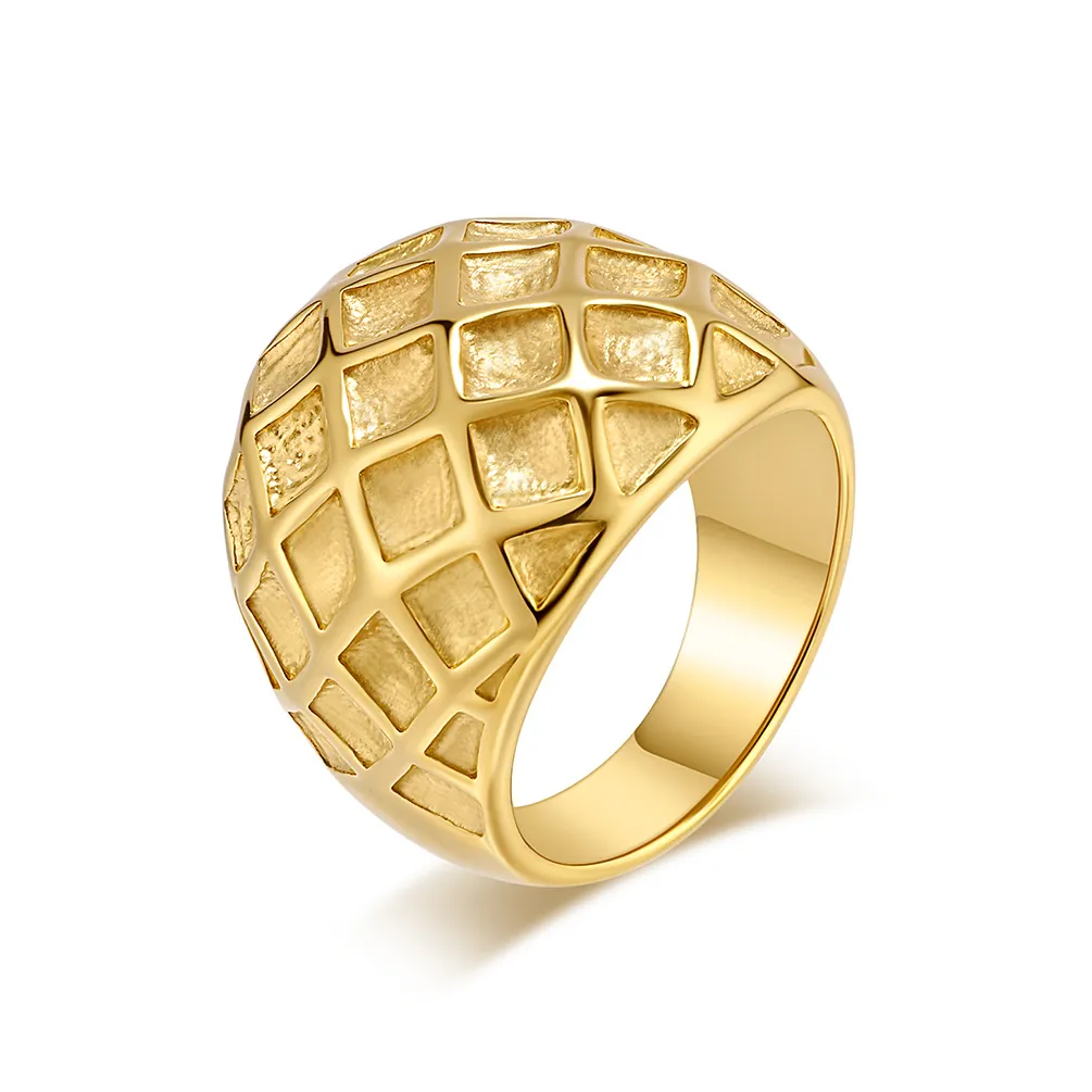 Stainless Steel Wide Band Lattice Ring For Women Gold Silver Plated Geometric Grid Pattern Fashion Jewelry Finger Ring