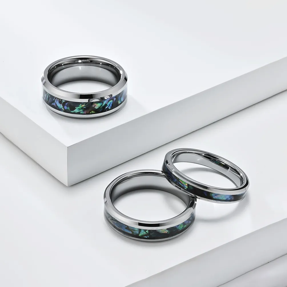 Tungsten Steel Abalone Shell Inlay Rings Polished Beveled Edge Wedding Band For Men Women Fashion Minimalist Jewelry