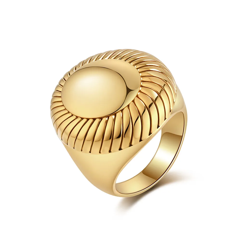 Minimalist Stainless Steel Sunburst Dome Ring For Women Vintage Industrial Style Gold Steel Color Statement Geometric Finger Ring Jewelry