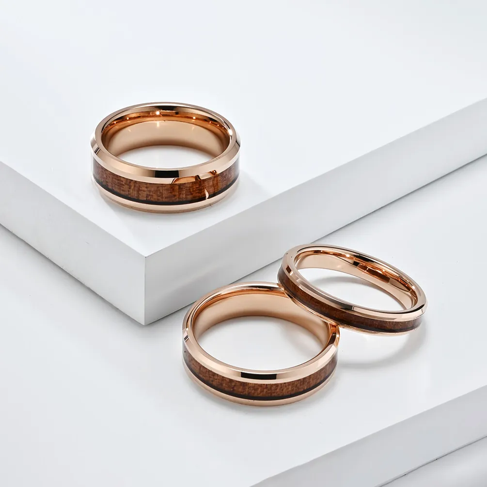 Bague Minimaliste en Acier au Tungstène Avec Incrustation de Bois Naturel pour Hommes Femmes Bijoux de Mariage Polis