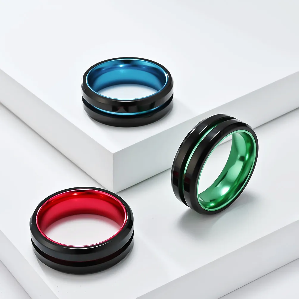 Minimalist Edelstahl Aluminium Zweifarbige Gerillte Ring Für Herren Schwarz Rot Blau Grün Band Mode Industrielle Schmuck Zubehör