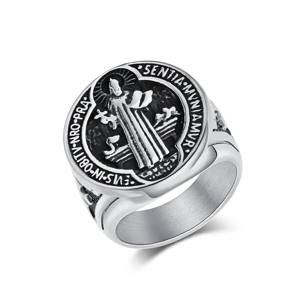 Retro Men Stainless Steel St. Benedict Medal Ring Religious Exorcism Signet Ring Polished Cross Embossed Jewelry Gift