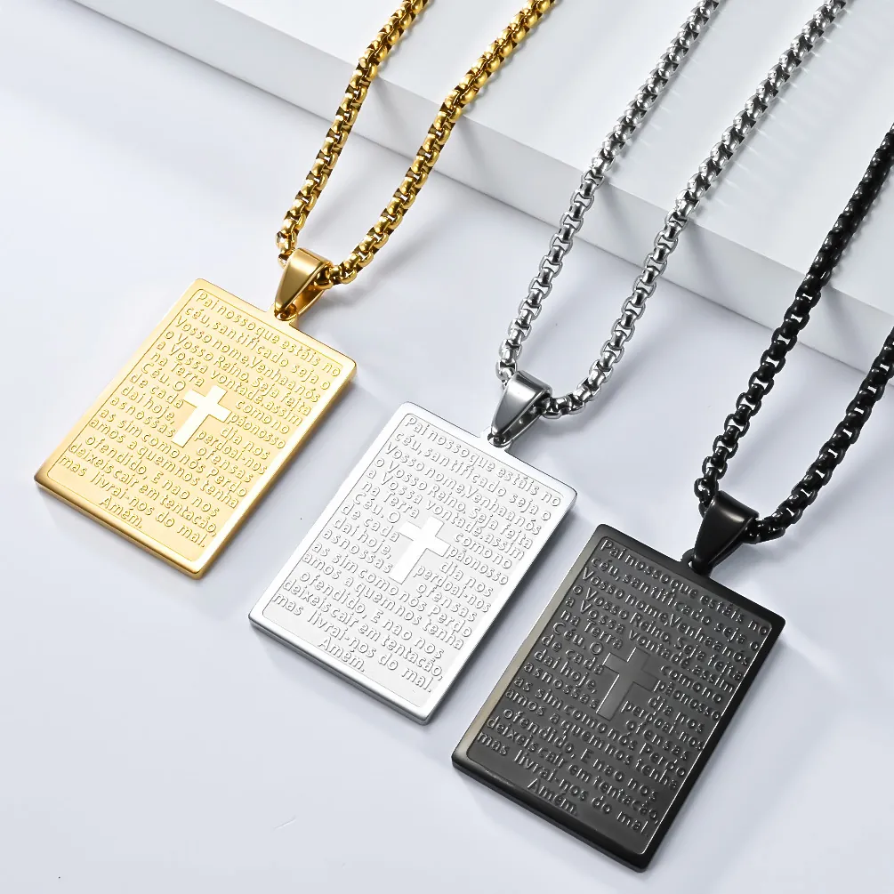 Edelstahl Portugiesisch Vaterunser Kreuz Anhänger Halskette Für Herren Damen Religiöser Pai Nosso Schmuck Geschenk