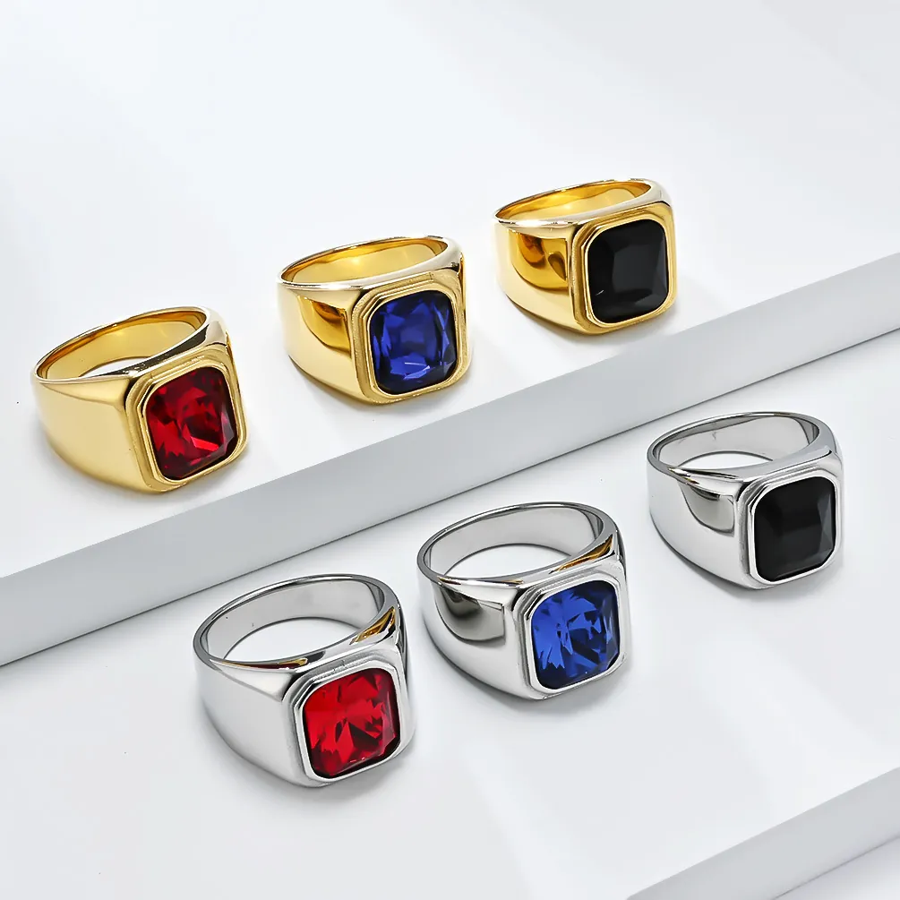 Chevalière pour Homme en Acier Inoxydable Mode Luxe Géométrique Poli Incrusté de Strass Couleur Or Argent Bijoux de Fête Hip Hop Bague