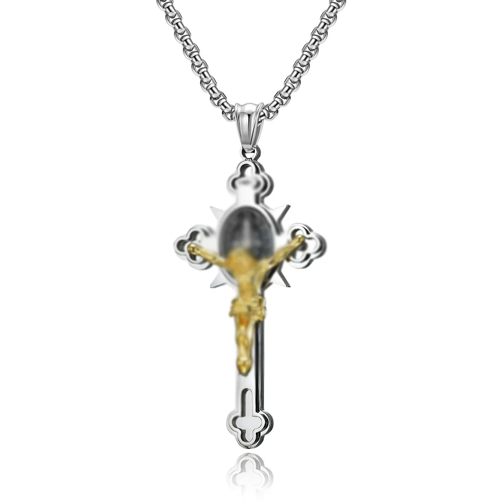 Retro Punk Stainless Steel Cross Pendant Necklace For Men Jesus Crucifix Religious Charm Jewelry With Box Chain