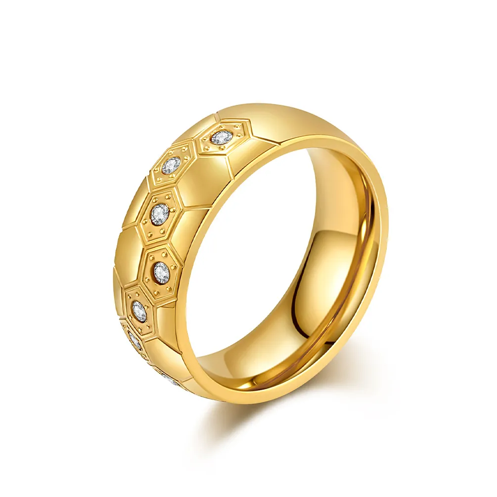 Stainless Steel Soccer Ring For Men Hexagon Honeycomb Pattern Rhinestone Inlaid Band Football Fan Commemorative Jewelry
