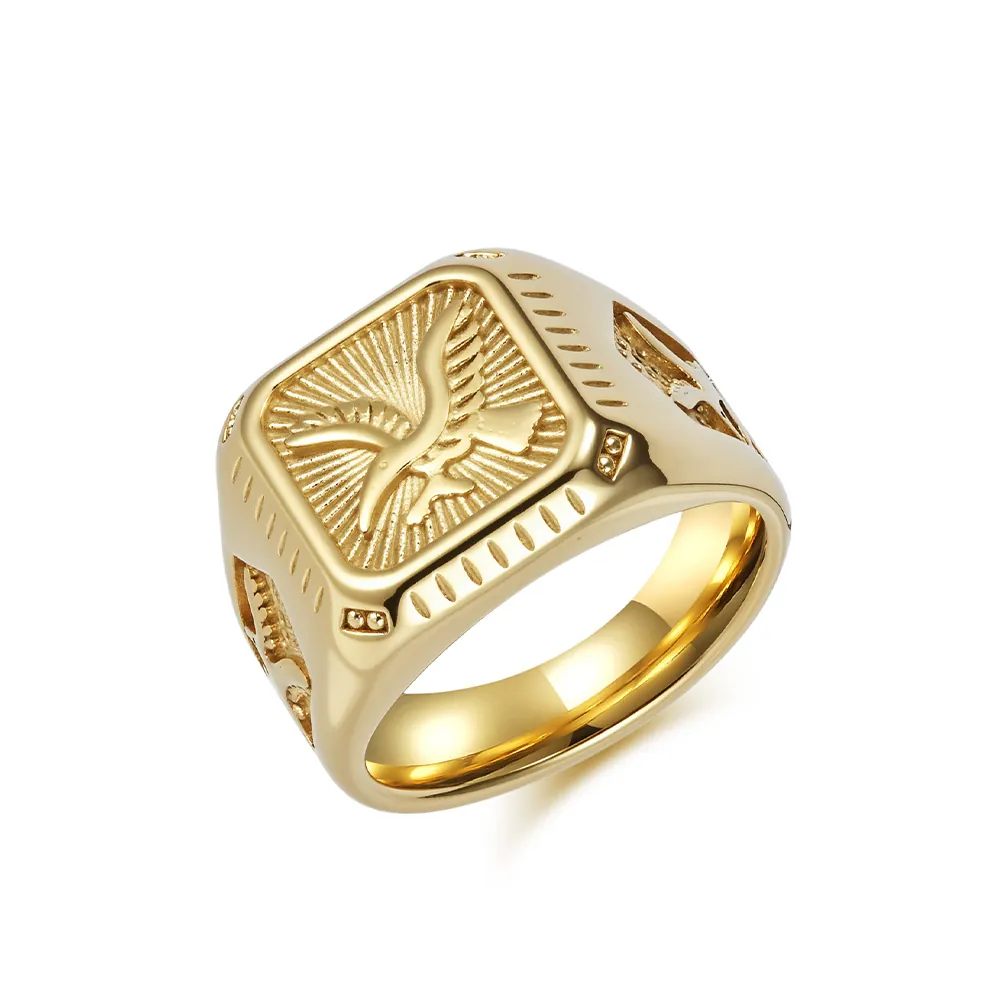 Vintage Punk Stainless Steel Eagle Signet Ring For Men 18K Gold Plated Biker Animal Statement Ring Fashion Jewelry Gift