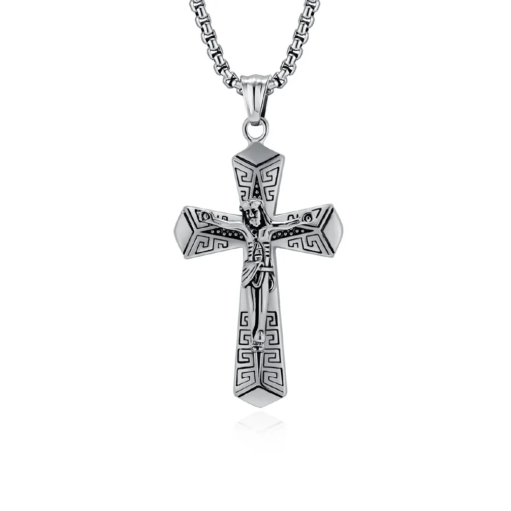 Vintage Stainless Steel Jesus Crucifix Pendant Necklace Greek Key Pattern Retro Hip Hop Religious Jewelry For Men Women