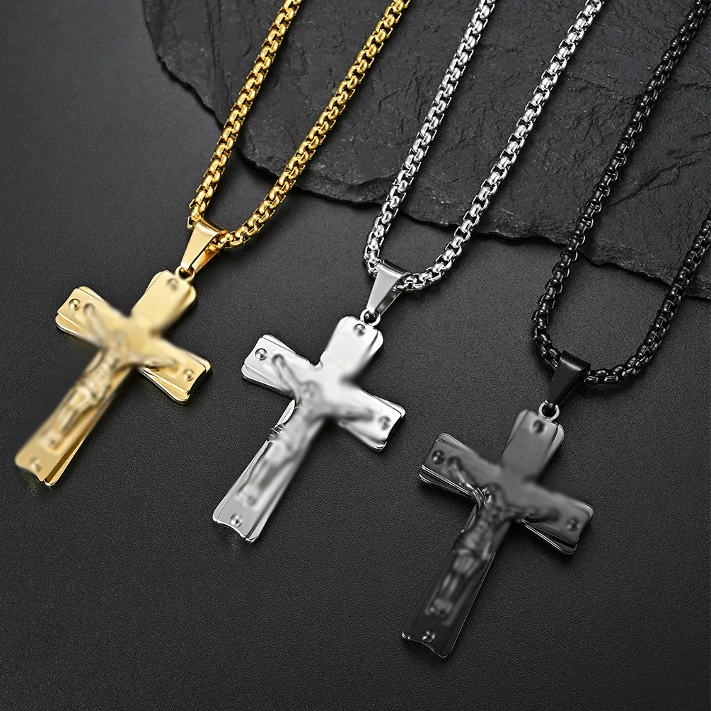 Stainless Steel Cross Pendant Necklace With Jesus Christ Relief Religious Faith Jewelry For Men Women Vintage Hip Hop Accessory
