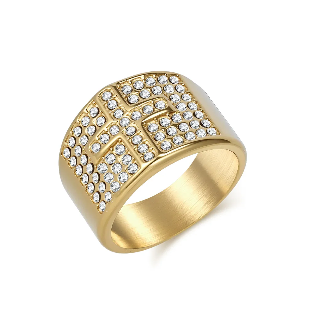 Men Stainless Steel Cross Ring Iced Out Zirconia Hip Hop Jewelry 18K Gold Plated Band Religious Style Male Accessory