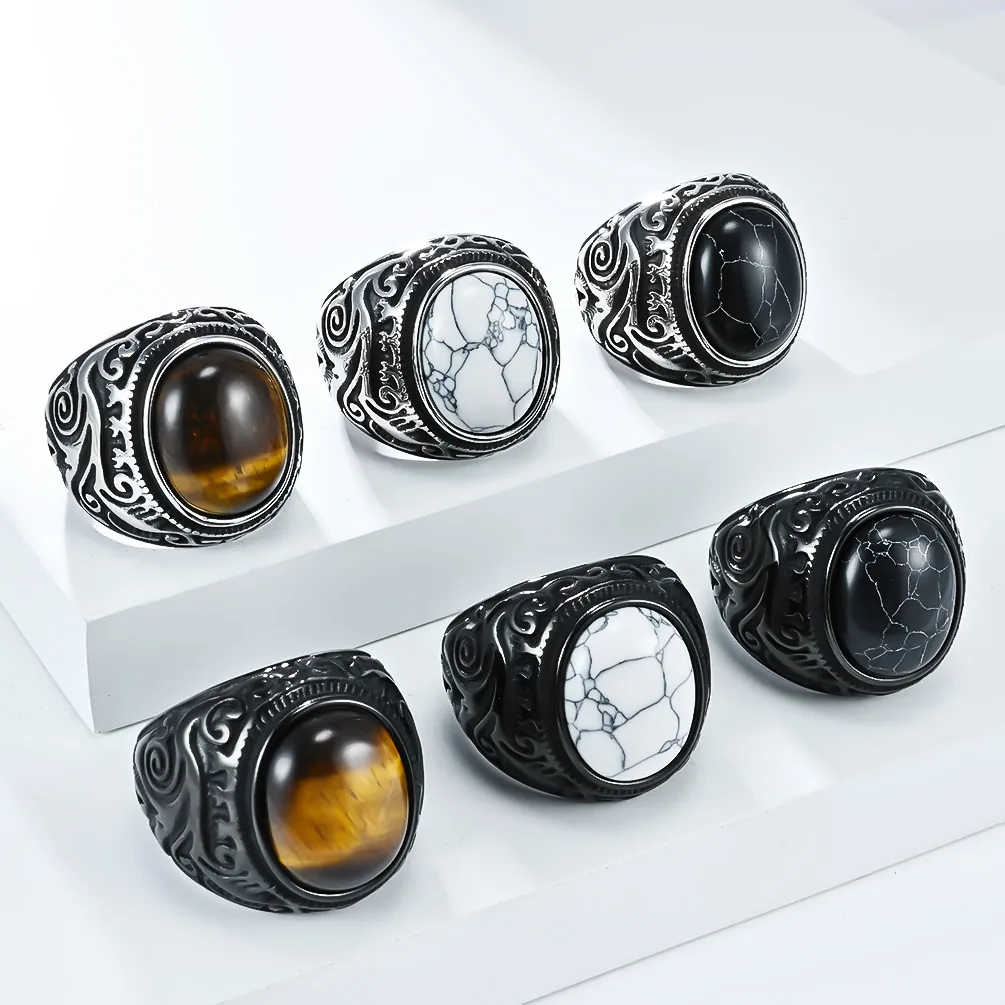 Anello in Acciaio Inossidabile Vintage da Uomo Con Intarsio in Turchese Occhio di Tigre Motivo a Volute Stile Punk Boemo