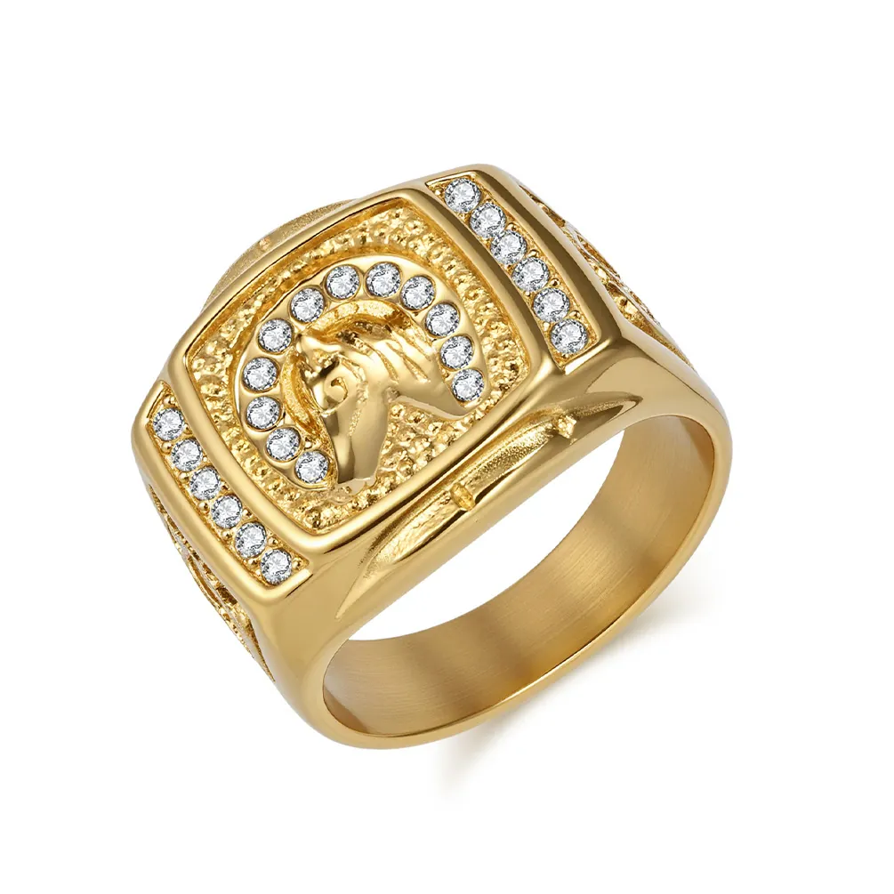 Retro Hip Hop Horse Head Ring For Men Stainless Steel 18K Gold Plated Rhinestone Inlaid Horseshoe Signet Ring Jewelry