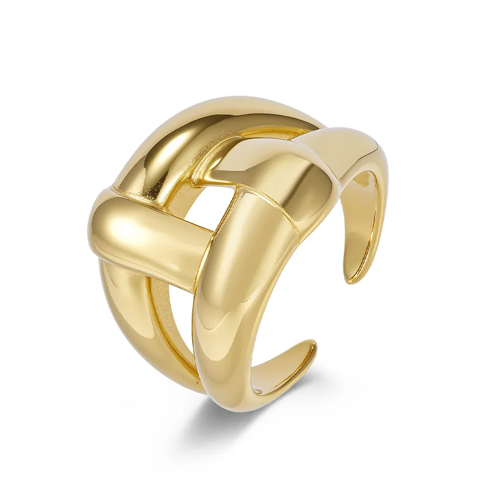 Bague Ouverte Noeud en Acier Inoxydable Minimaliste Plaqué Or 18K Géométrique Tissé Ajustable pour Femmes Bijoux