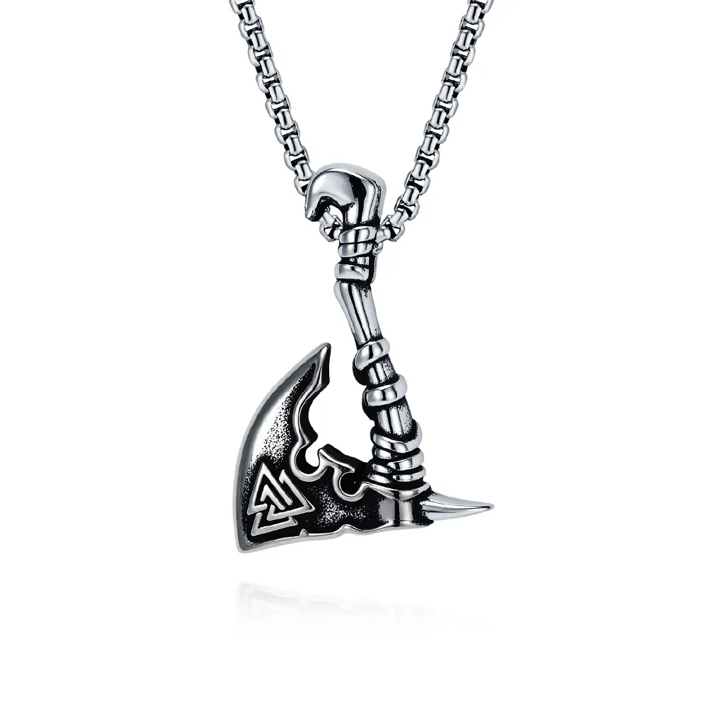 Stainless Steel Viking Axe Pendant Necklace For Men Nordic Valknut Symbol Retro Punk Style Biker Jewelry Accessory Gift