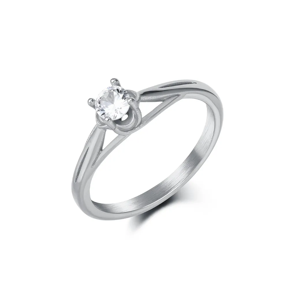 Minimalist Stainless Steel Rhinestone Inlaid Solitaire Ring For Women Simple Geometric Wedding Engagement Ring Fashion Jewelry