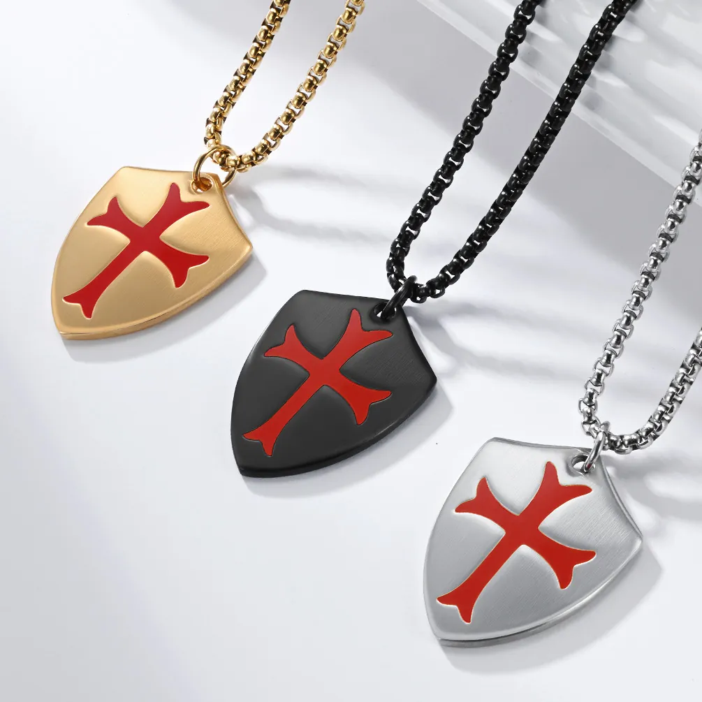 Vintage Stainless Steel Crusader Shield Pendant Necklace For Men Retro Templar Cross Pendant Punk Knight Enamel Charm Jewelry
