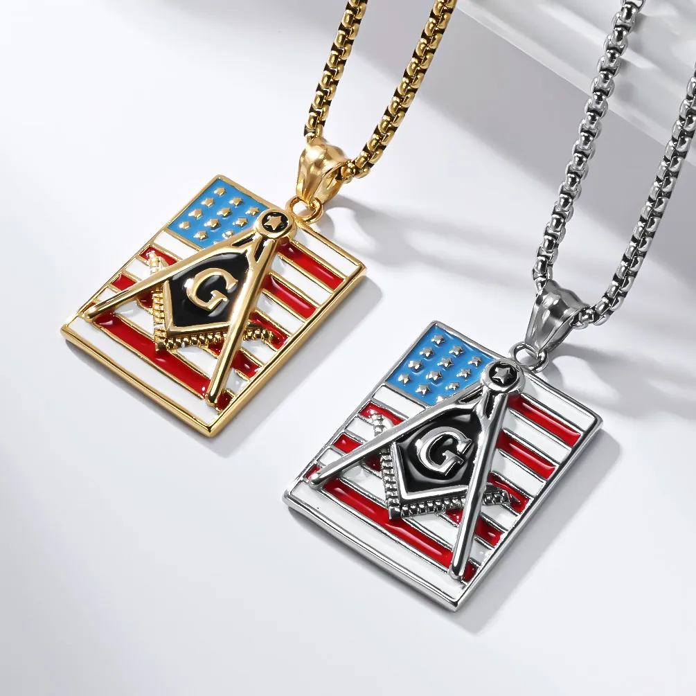 Collier Pendentif Franc-Maçonnerie Drapeau Américain en Acier Inoxydable pour Hommes Hip Hop Rétro Boussole G Bijoux