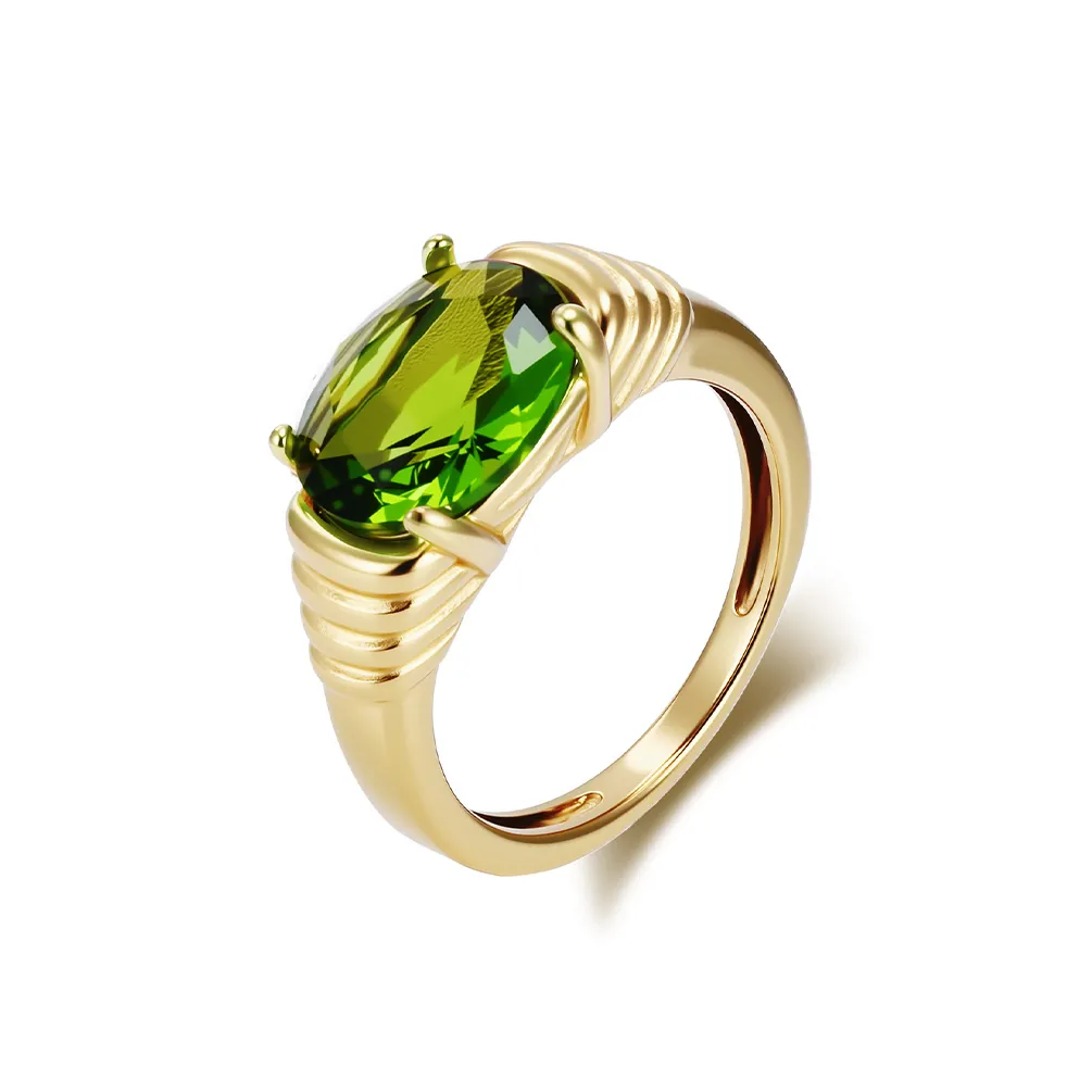 Bague en Acier Inoxydable Plaqué Or 18K Avec Strass Ovale pour Femme Élégante Anneau Nervuré Pierre Gemme à Quatre Griffes