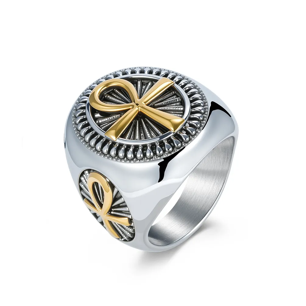 Vintage Ancient Egyptian Ankh Cross Signet Ring For Men Stainless Steel Religious Key Of Life Punk Gothic Band Jewelry