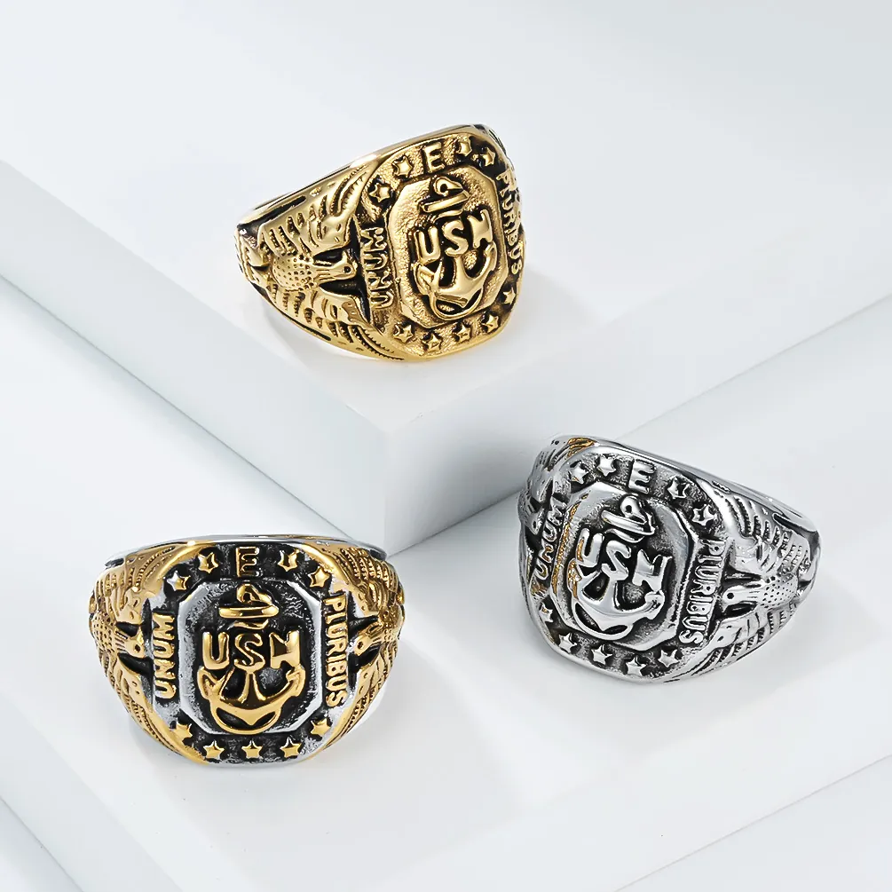 USN United States Navy Anchor Eagle Stainless Steel Ring Vintage Military Signet Finger Rings Retro Punk Jewelry For Men