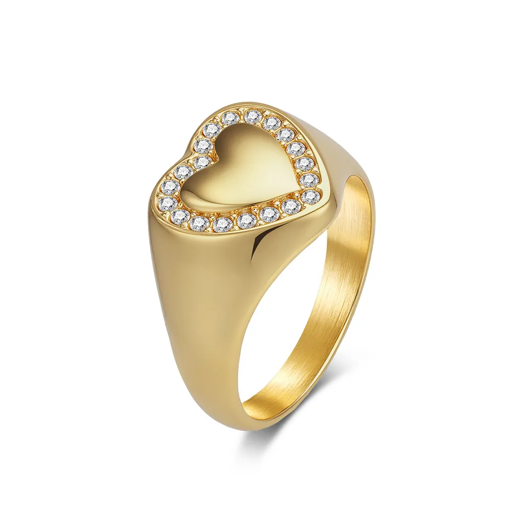 European Fashion Heart Signet Ring For Women Stainless Steel 18K Gold Plated Rhinestone Pave Inlaid Statement Ring Chic Jewelry