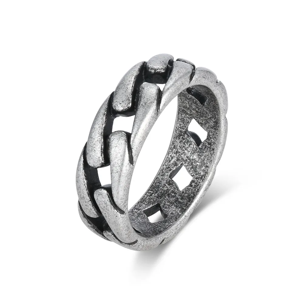 Punk Stainless Steel Cuban Link Chain Ring For Men Women Retro Hip Hop Industrial Hollow Band Ring Jewelry Gift