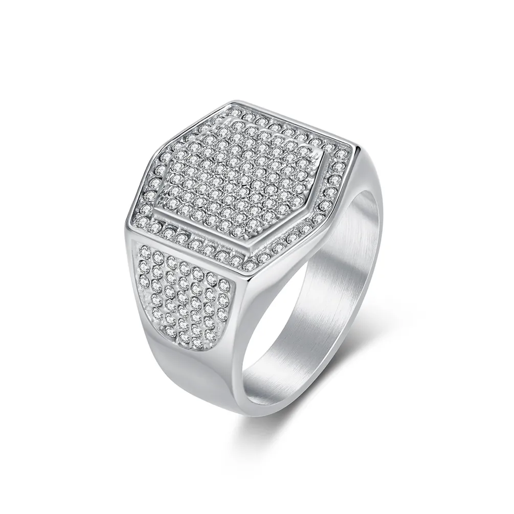 Luxury Men Hexagon Hip Hop Ring Stainless Steel Gold Plated Iced Out Full Rhinestone Pave Band Ring Personalized Jewelry