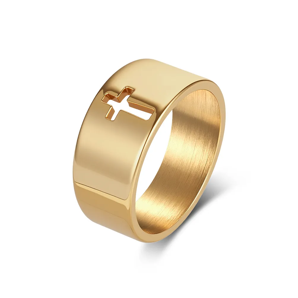 Vintage Titanium Steel Cross Hollow Out Ring For Men Women Simple Polished Wide Band Religious Jewelry Unisex Finger Ring