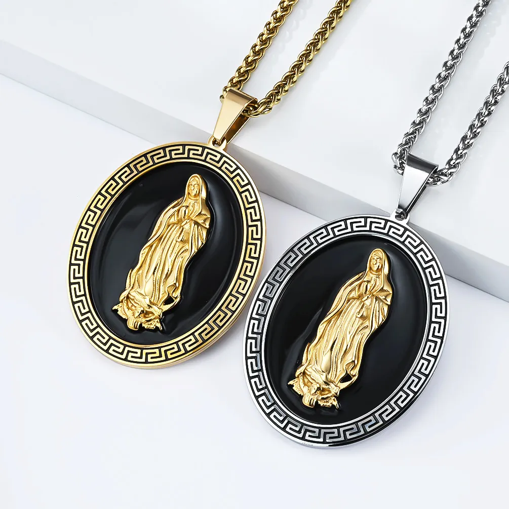 Jungfrau Maria Religiöse Ovale Anhänger Halskette Edelstahl Vergoldet Mäander Muster Retro Schmuck Für Herren Damen