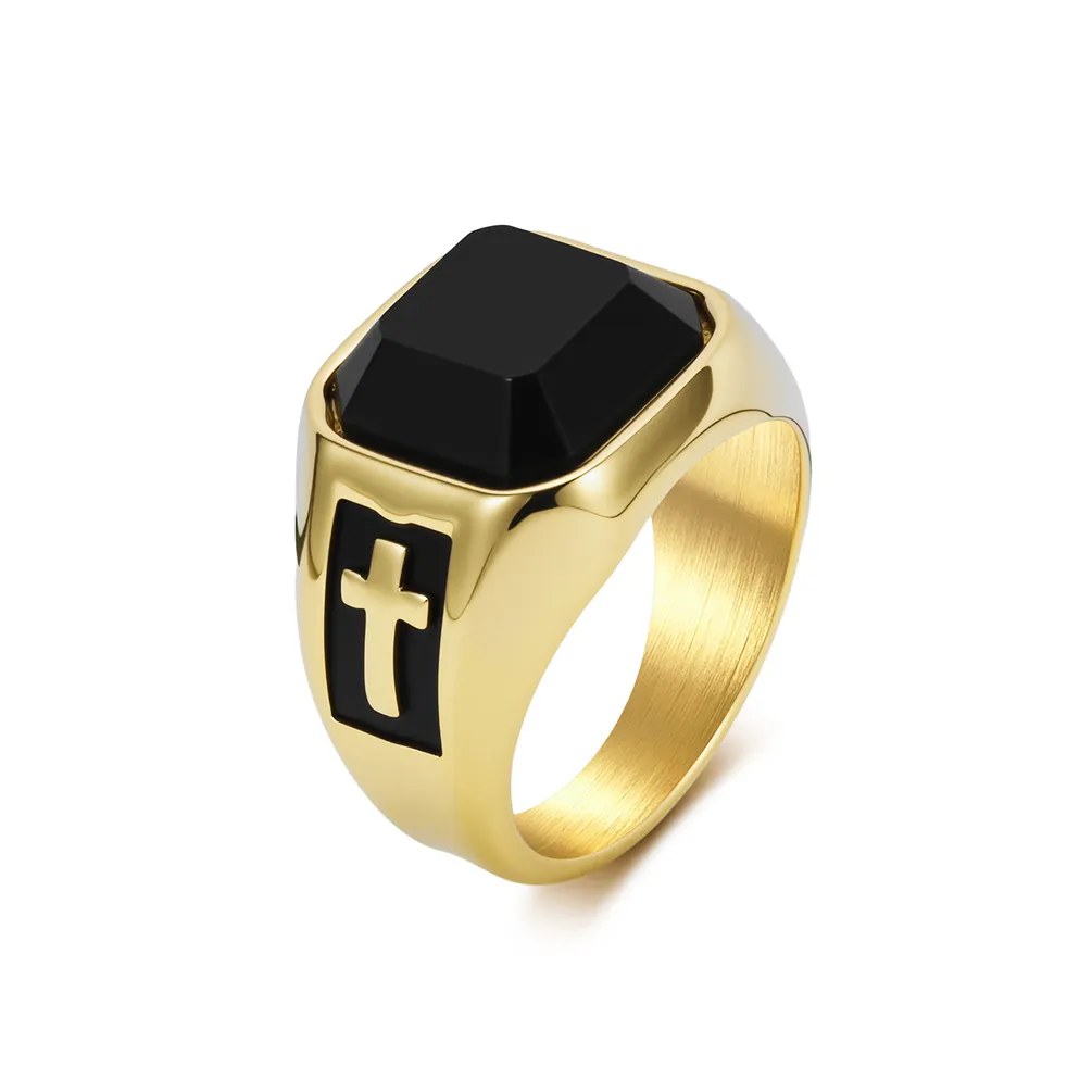 Vintage Stainless Steel Black Rhinestone Cross Ring For Men Gothic Punk Style Religious Band Ring Jewelry Gift