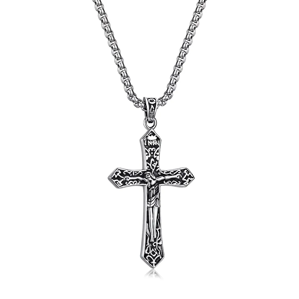 Vintage Stainless Steel Crucifix Jesus Cross Pendant Necklace Retro Distressed Gothic Relief Religious Jewelry For Men Women
