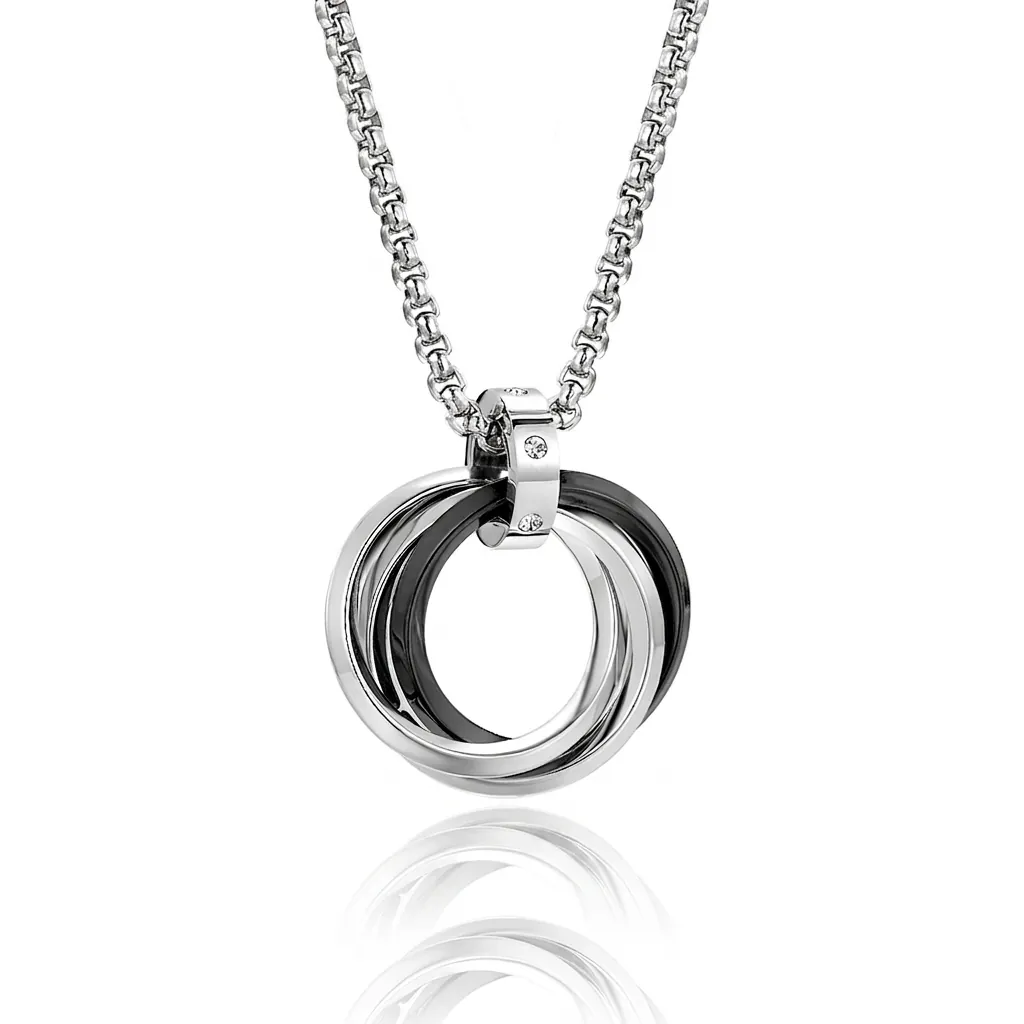 Hip Hop Trinity Necklace Stainless Steel Triple Interlocking Rings Pendant With Zirconia Accents Trendy Jewelry For Men Women