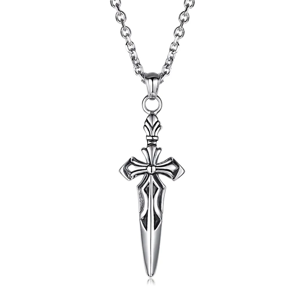 Vintage Gothic Stainless Steel Sword Cross Pendant Necklace For Men Women Punk Retro Dagger Jewelry Gift