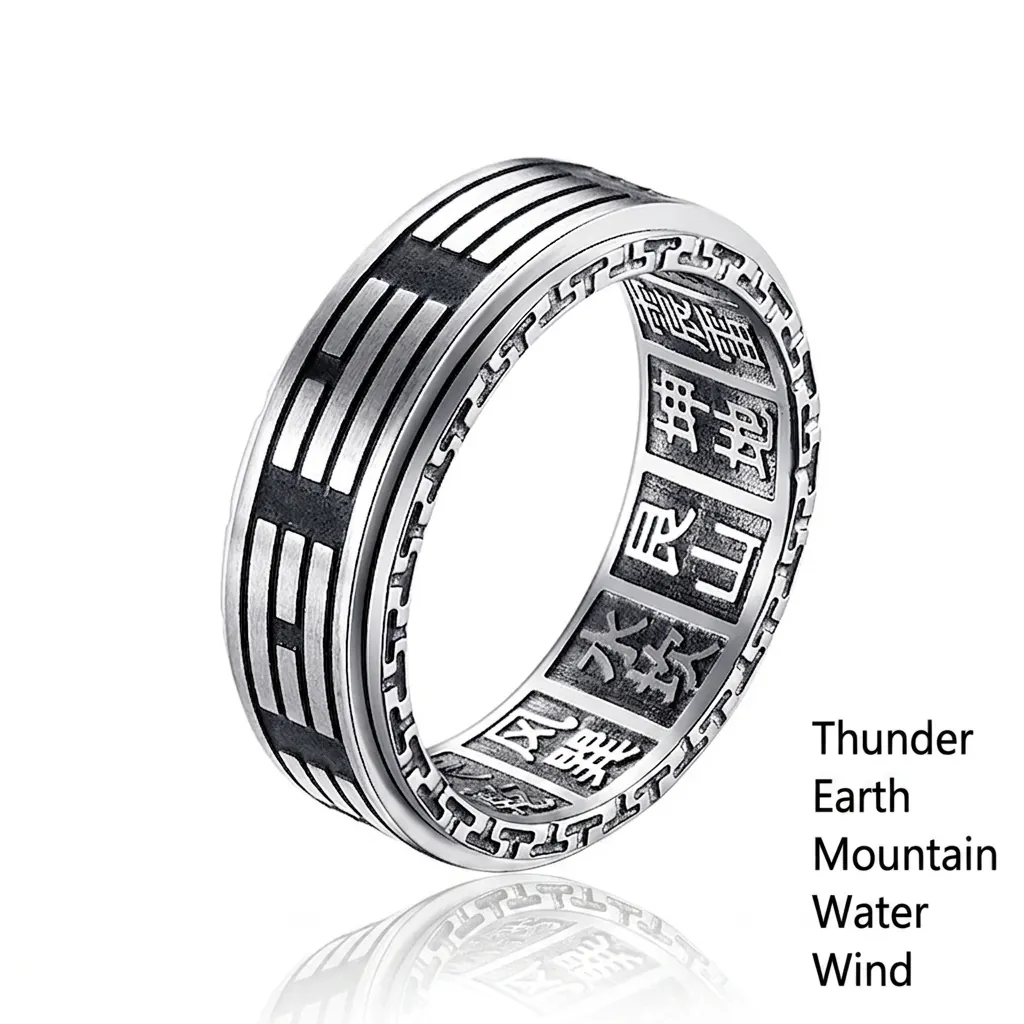 Vintage Stainless Steel Spinner Ring For Men Women Tai Chi Yin Yang Bagua Symbols Rotating Band Ring Antique Finish Ethnic Jewelry