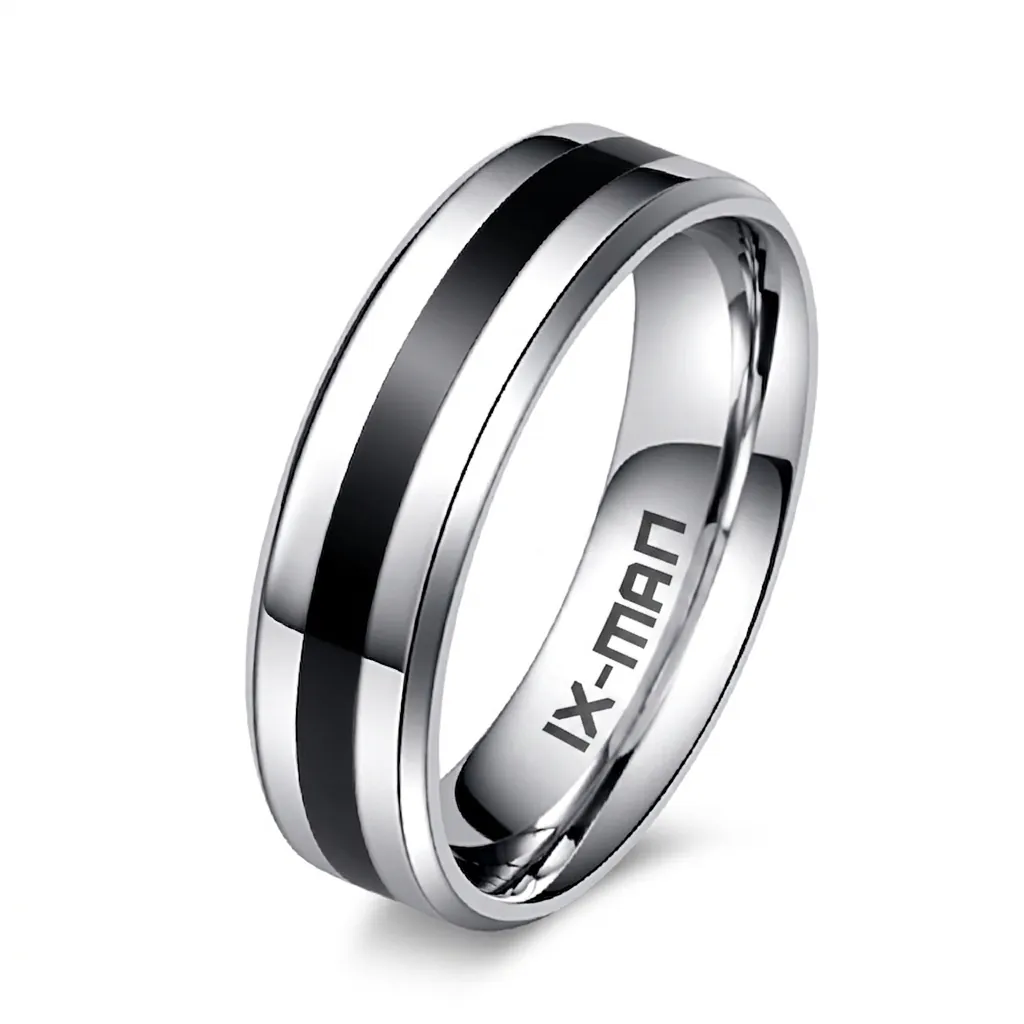 Bague pour Homme en Acier Inoxydable 6mm Poli Miroir Anneau Rayure Noire Bord Biseauté Bijoux de Mode Quotidienne