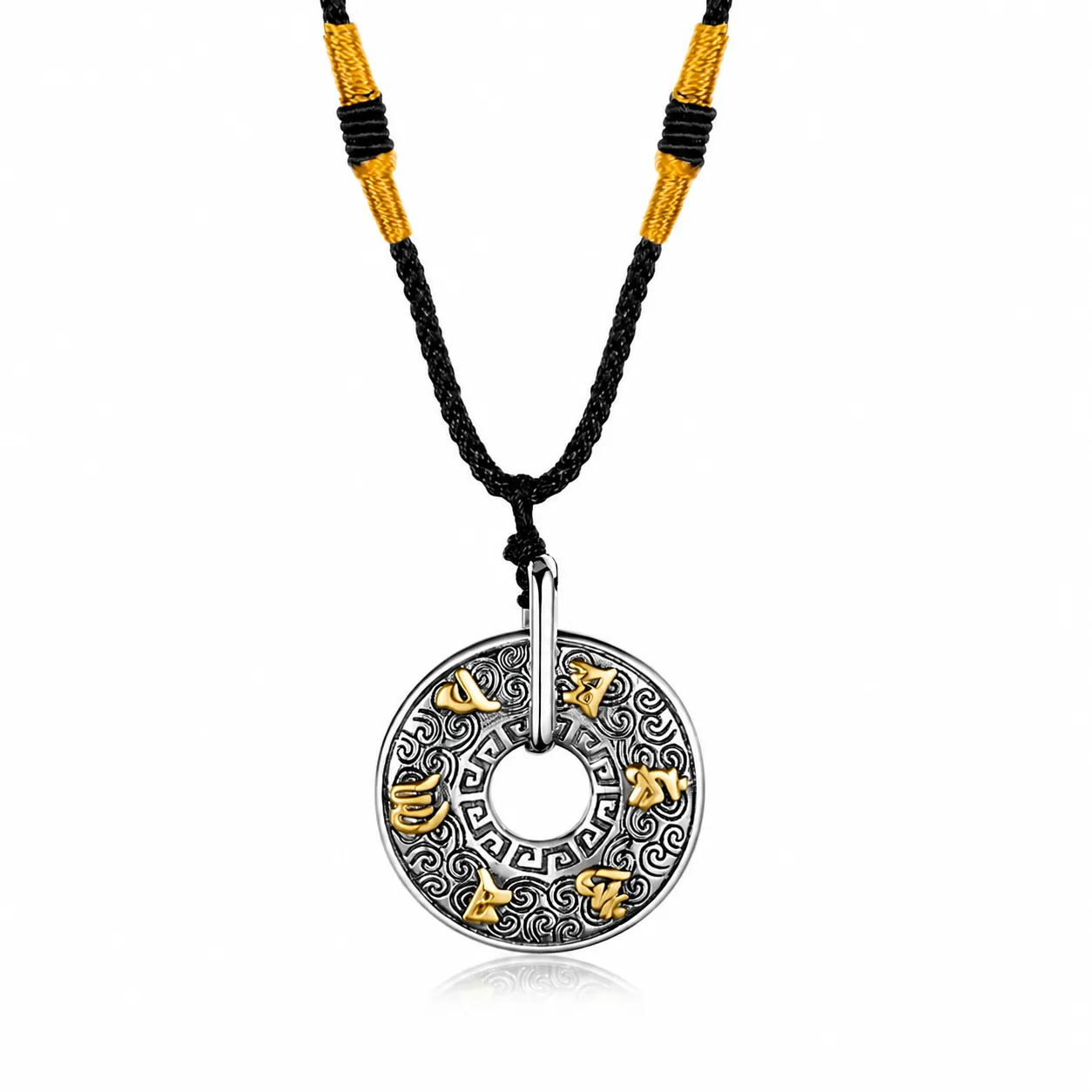 Collier Pendentif Mantra à Six Mots Bouddhiste Vintage en Acier Inoxydable Style Chinois Ethnique Motif de Nuage Amulette de Protection Bijoux Unisexe