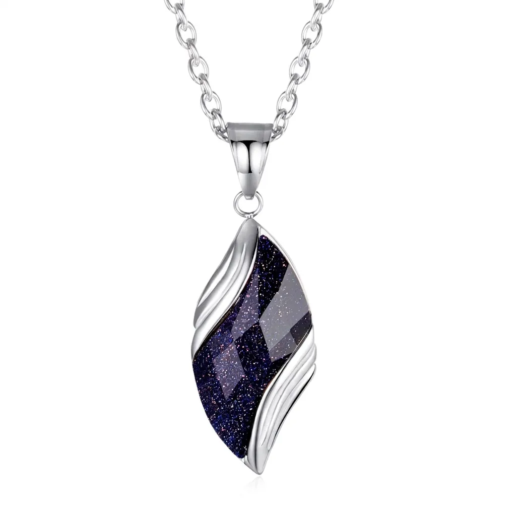 Vintage Stainless Steel Leaf Pendant Necklace For Men Women Blue Sandstone Black Onyx Angel Eye Gemstone Jewelry Accessory