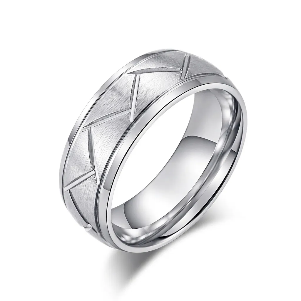 Men's Brushed Stainless Steel Ring Black Silver Geometric Pattern Matte Finish Comfort Fit Band Ring Streetwear Fashion Jewelry
