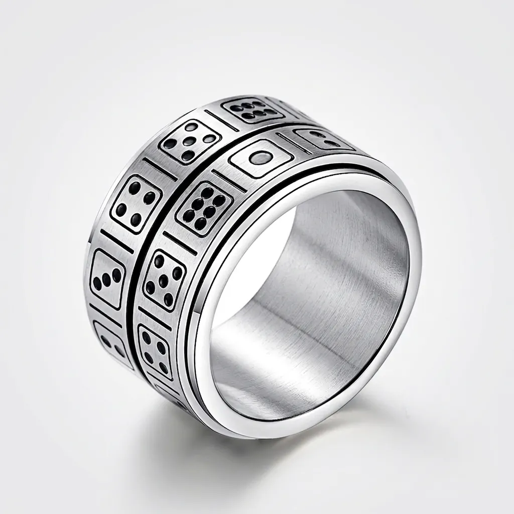 Vintage Stainless Steel Dice Pattern Spinner Ring For Men Retro Rotatable Stress Relief Jewelry Punk Wide Band Ring Gift