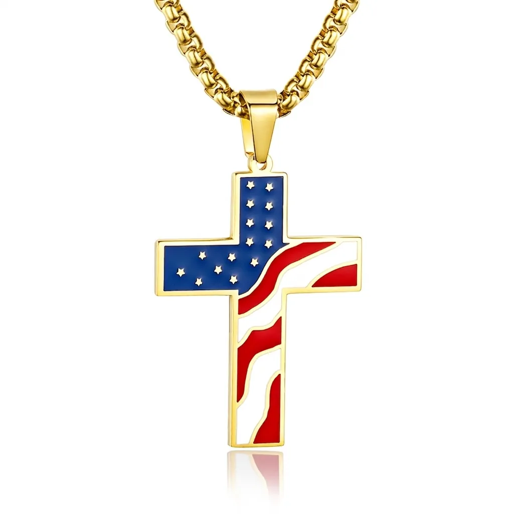 Collier Pendentif Croix Drapeau Américain en Acier Inoxydable pour Hommes Or Argent Noir Étoiles Et Rayures Bijoux Hip Hop