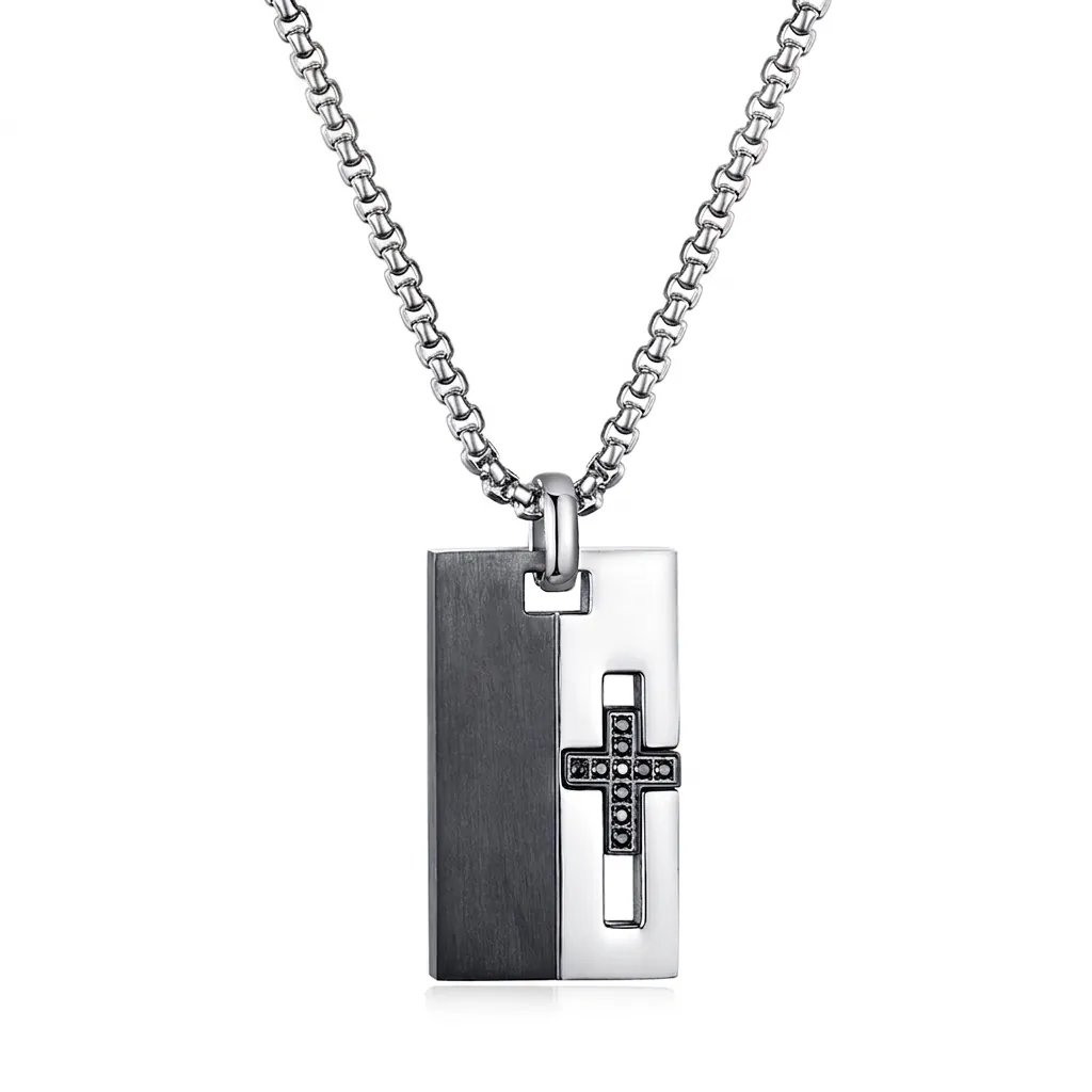 Industrial Two Tone Stainless Steel Cross Pendant Necklace Hip Hop Black Zirconia Inlaid Rectangular Tag Jewelry For Men