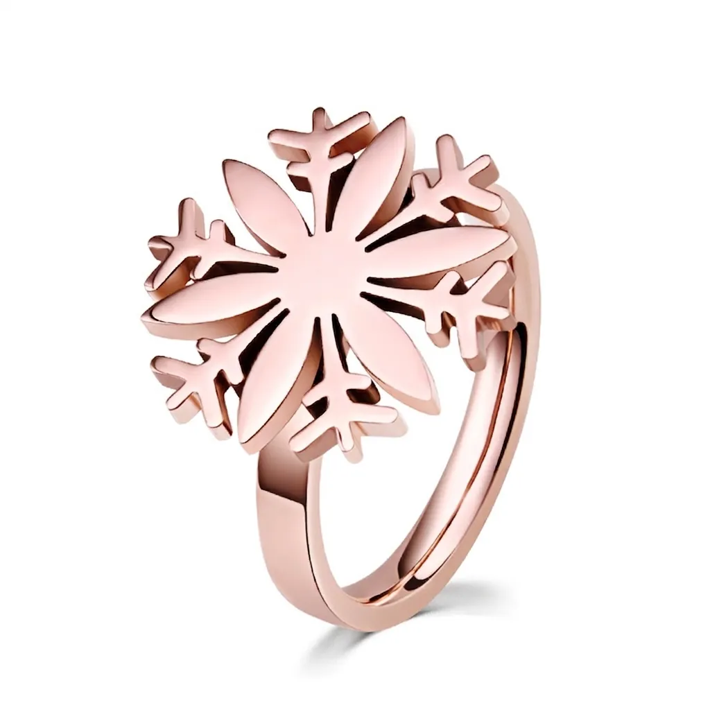 Elegant Stainless Steel Snowflake Ring Rose Gold Plated Laser Cut Hollow Out Finger Ring For Women Party Daily Jewelry Gift